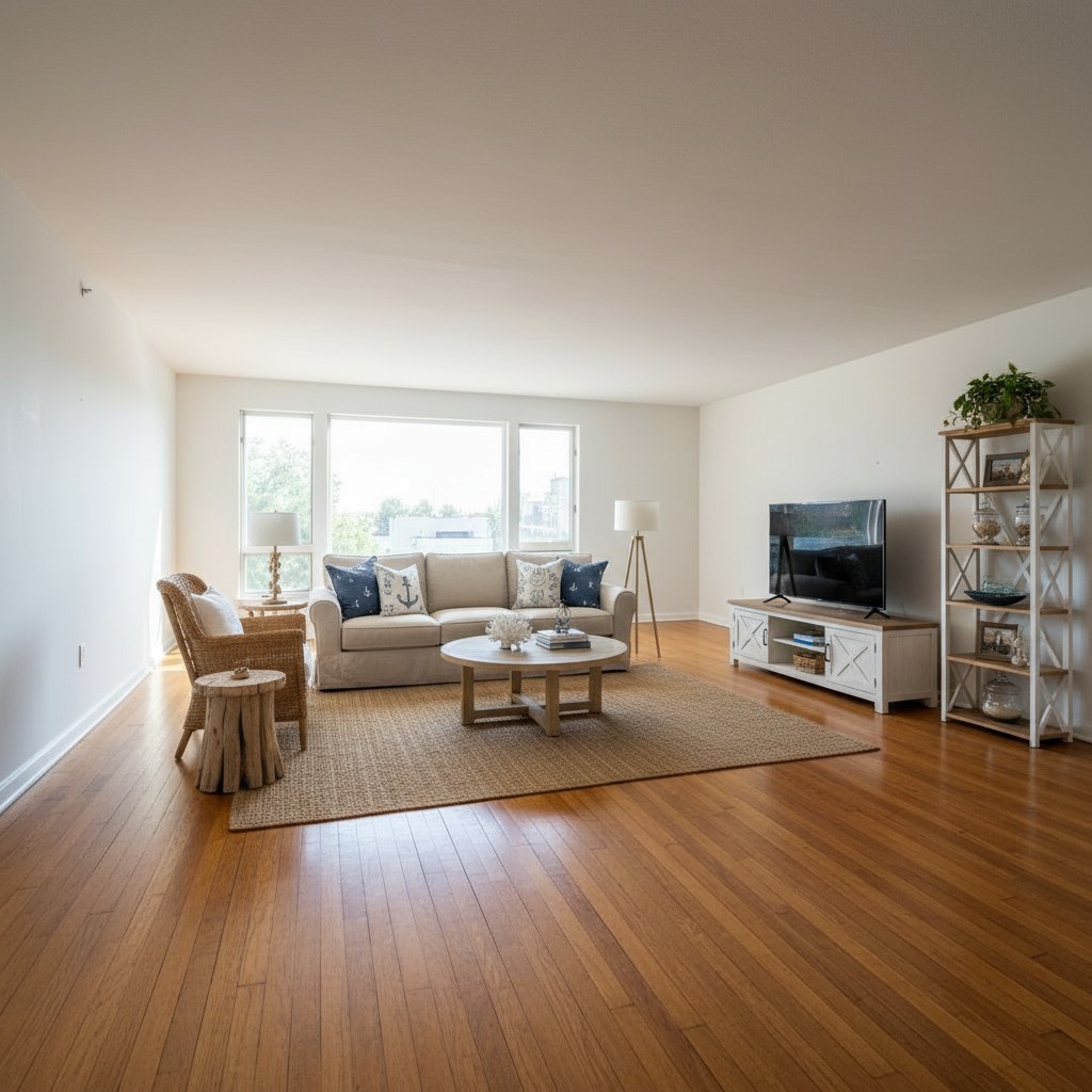 Staged living room with furniture